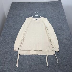J Crew Sweater Womens M Cream Side Tie Ribbed Knit Cotton Blend Tunic Preppy